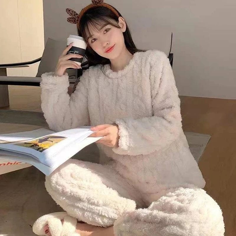 Pavoco Damen Schlafanzüge & Loungewear Beige / Einheitsgröße Bequemes Damen Pyjama Set langarm aus Baumwolle lässig elegant für entspannte Nächte