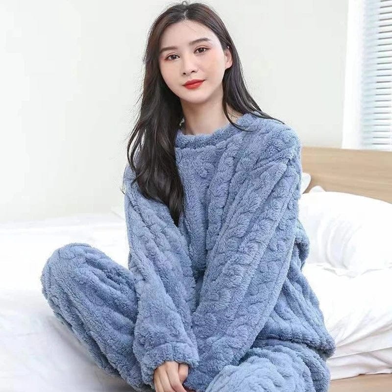 Pavoco Damen Schlafanzüge & Loungewear Blau / Einheitsgröße Bequemes Damen Pyjama Set langarm aus Baumwolle lässig elegant für entspannte Nächte