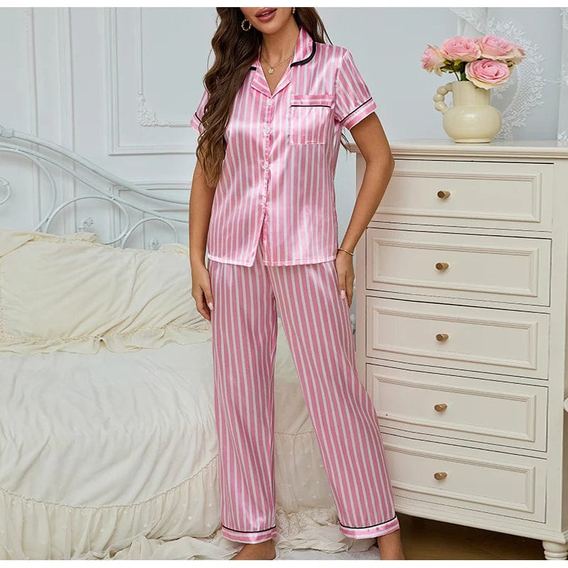 Pavoco Damen Schlafanzüge Rosa / S Elegantes Damen Pyjama Set aus Baumwolle lang gestreift bequem für entspannte Nächte