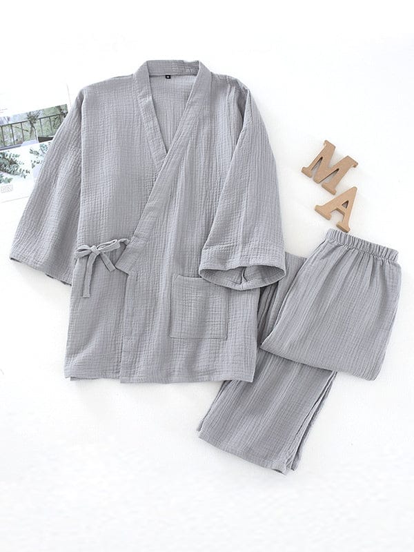 Pavoco Damenpyjamas Grau / S Lässiges Pyjama Set für Damen warm Wickeldesign Winter bequem