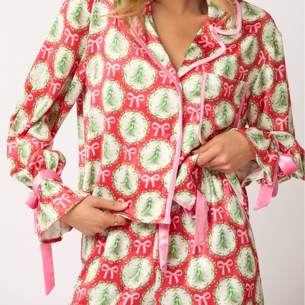 Pavoco Damenpyjamas Luxuriöses Satin Pyjama Set für Damen elegant bequem atmungsaktiv mit Nussknacker Motiv