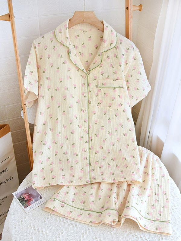 Pavoco Damenpyjamas Tulpe mit kurzen Ärmeln / S Gemütliches Pyjama Set für Damen langarm mit Knopfleiste und floralem Design