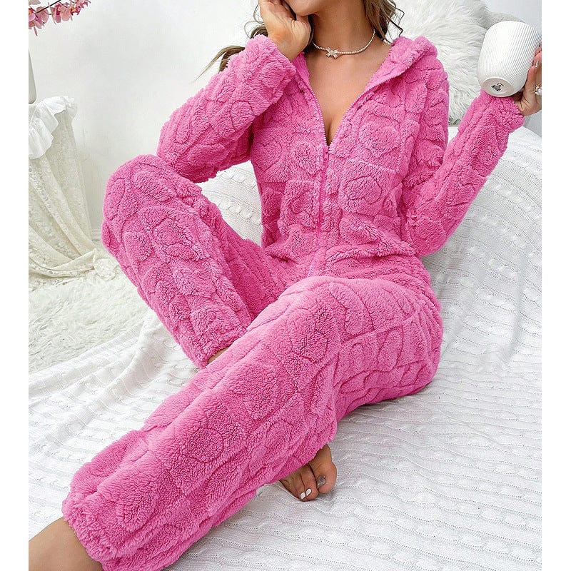Pavoco Freizeitkleidung Gemütlicher Fleece Overall für Damen mit Kapuze warm und weich ideal für Zuhause