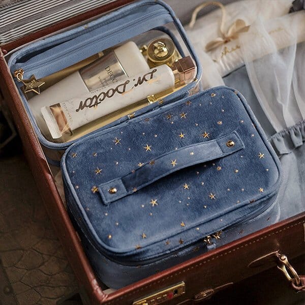 Pavoco Kosmetiktaschen & Organizer Blau Elegante Kosmetiktasche Damen groß aus Samt mit Fächern praktisch für Reisen