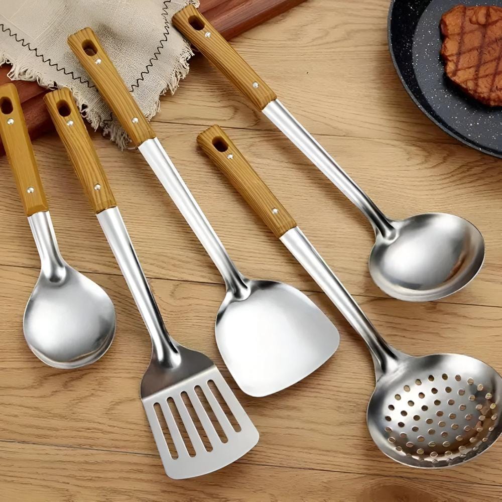 Pavoco Küchenutensilien Default Langlebiges Küchenhelfer-Set Edelstahl mit Holzgriffen pflegeleicht