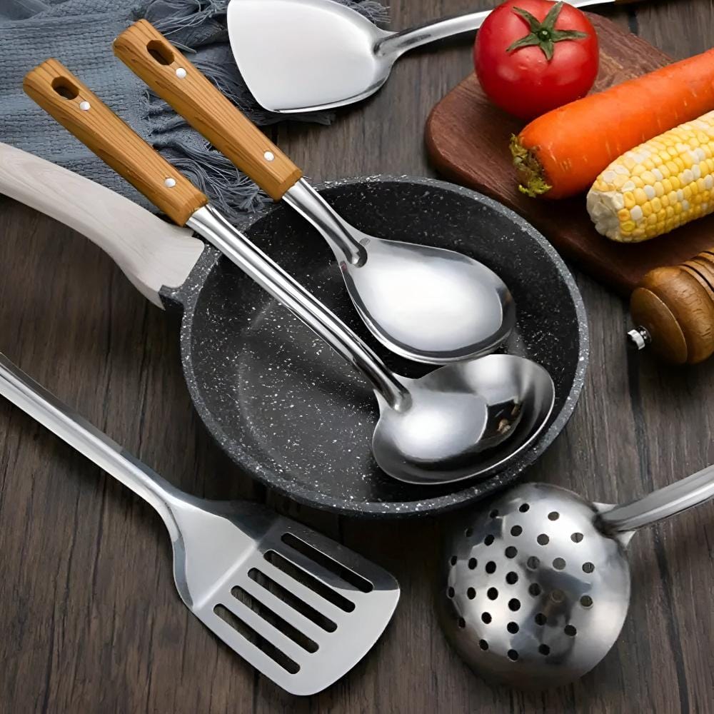 Pavoco Küchenutensilien Default Langlebiges Küchenhelfer-Set Edelstahl mit Holzgriffen pflegeleicht