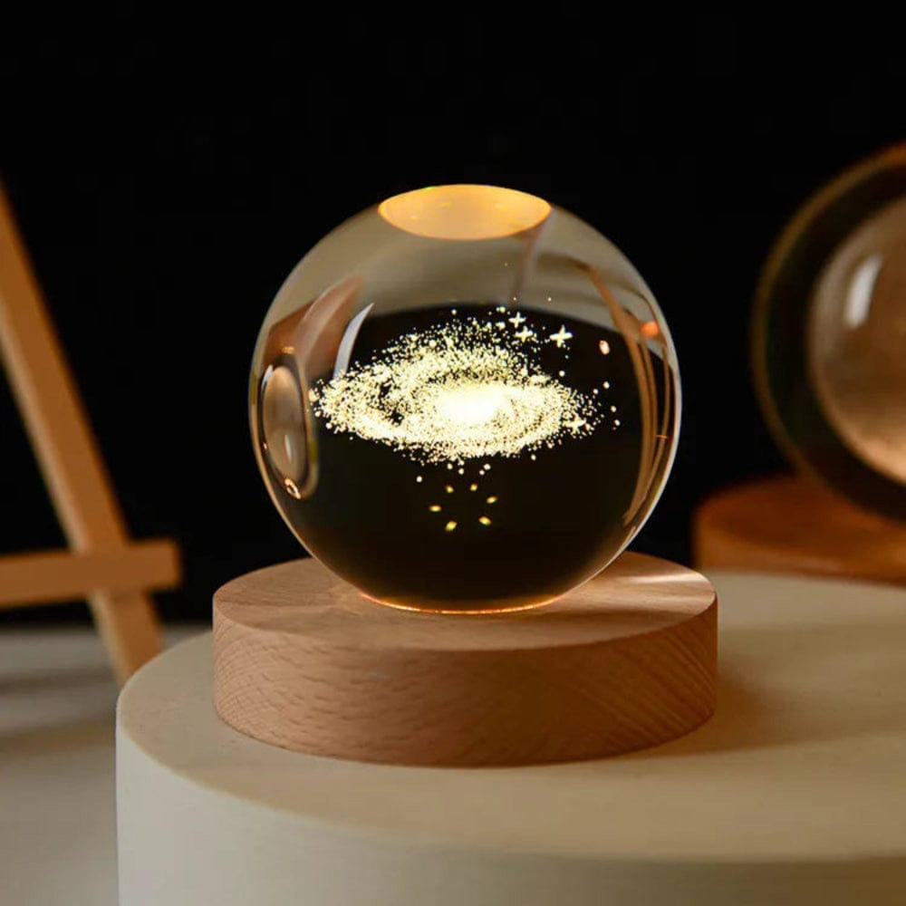 Pavoco Lampen Galaxie Beruhigende Tischlampe aus Kristall mit Holzsockel modern 3D Design