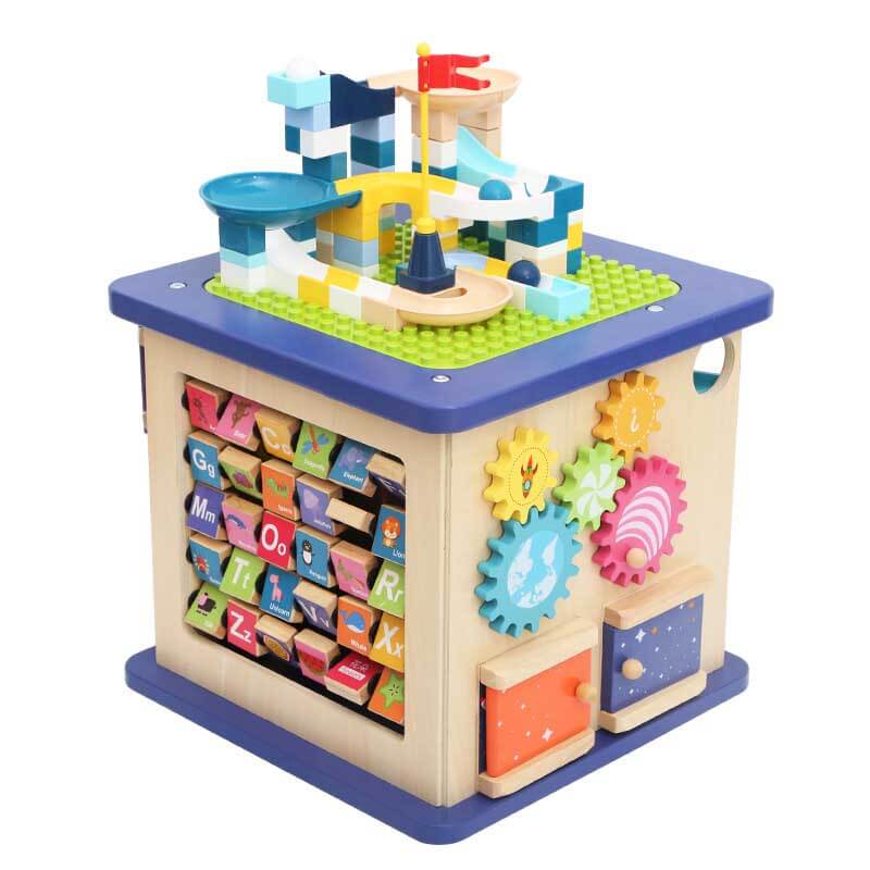 Pavoco Lern- und Bildungsspielzeug Blockversion - Kugelbahn Interaktive Montessori Spielbox für Kinder 13-in-1 Holzspielzeug ab 2 Jahren