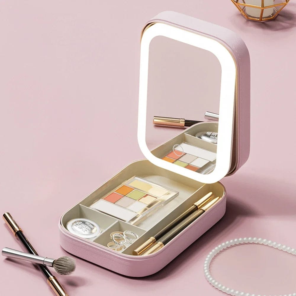 Pavoco Makeup-Organizer Rosa Stilvoller Kosmetik Organizer für Damen kompakt wasserdicht mit LED Spiegel