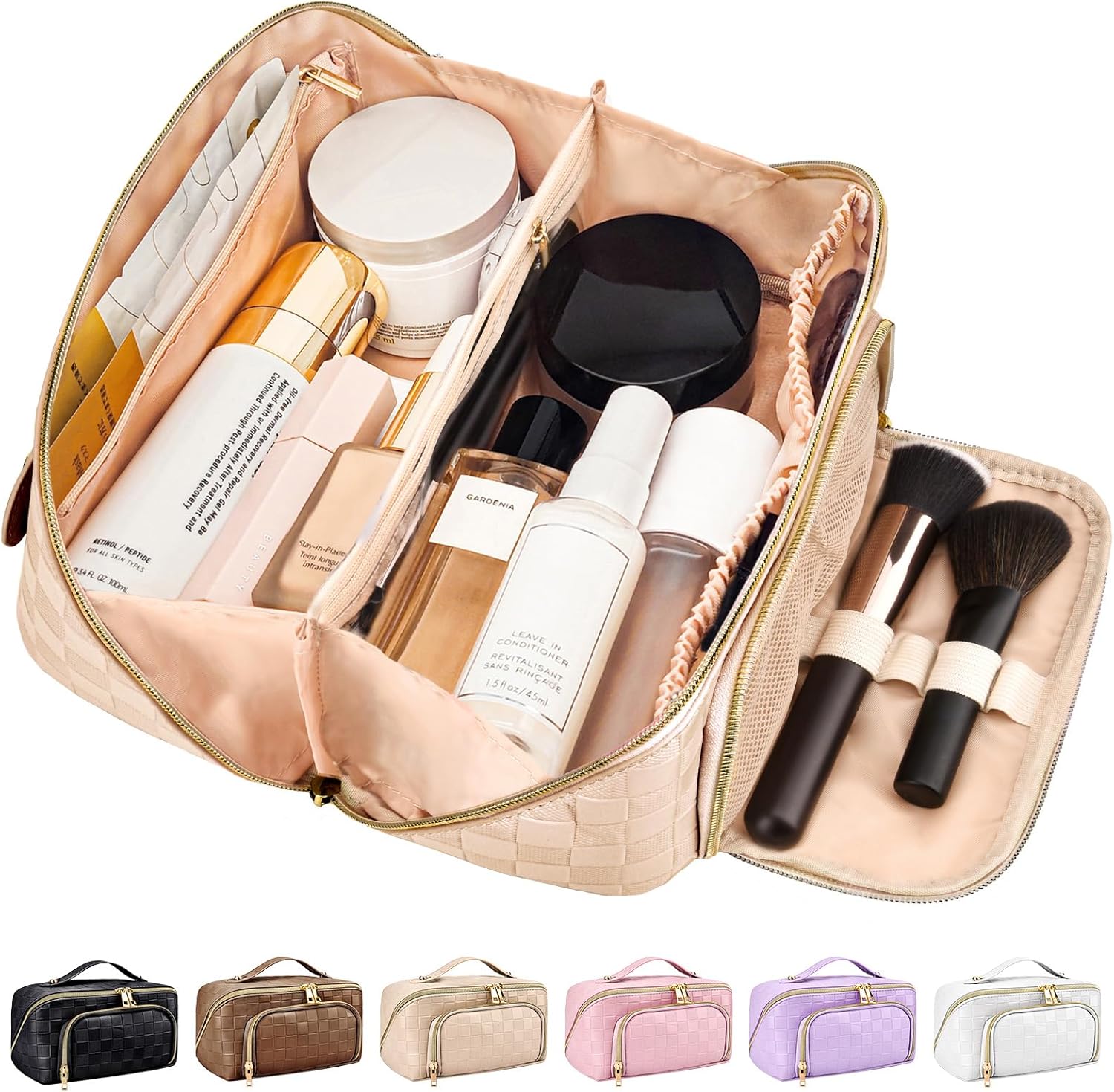 Pavoco Makeup-Taschen & -Etuis Beige Wasserfeste Reisetasche groß für Damen elegant mit Fächern für Make-up