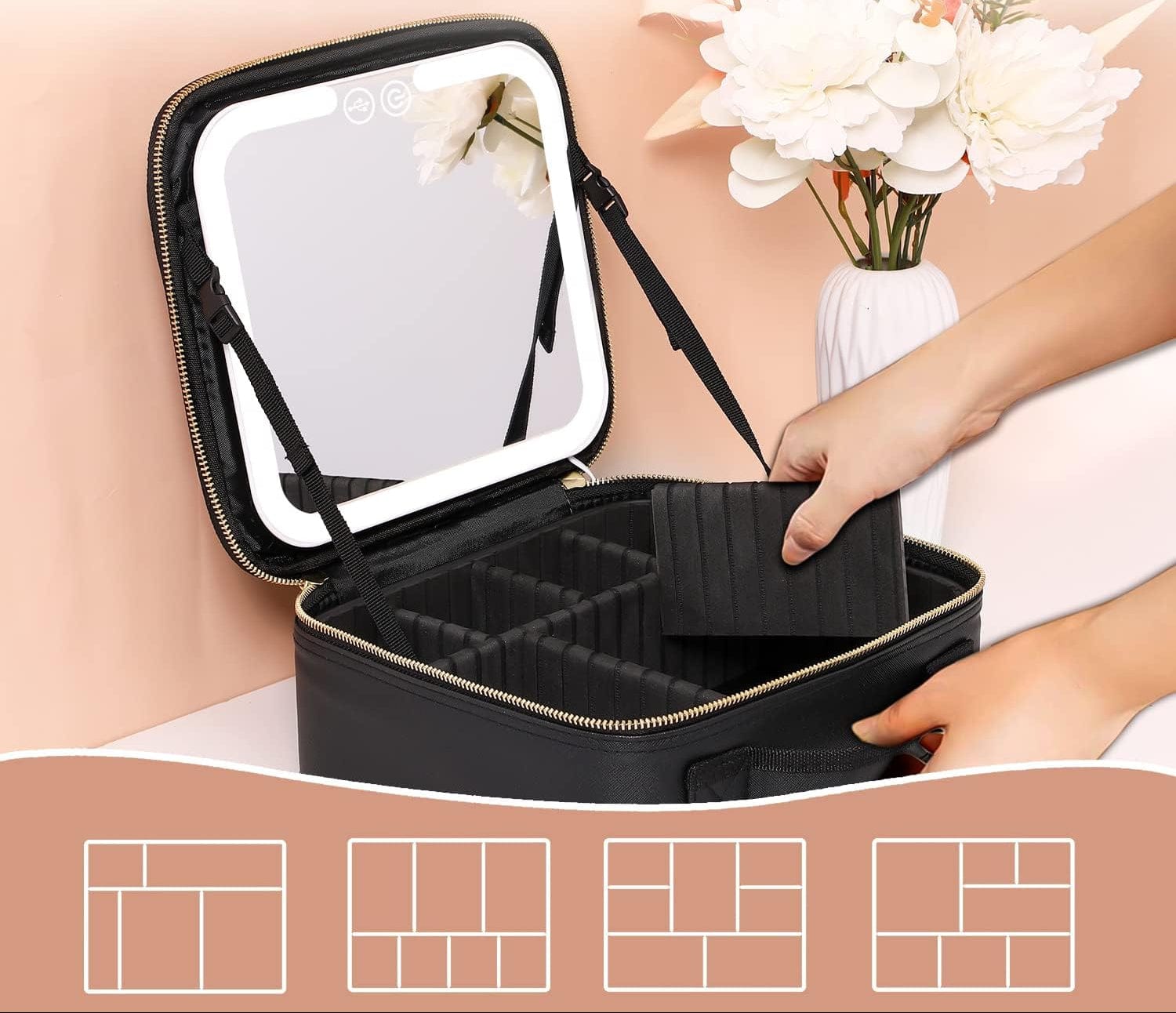 Pavoco Makeup-Zubehör Eleganter Make Up Organizer für Damen kompakt mit LED Spiegel und mehreren Fächern