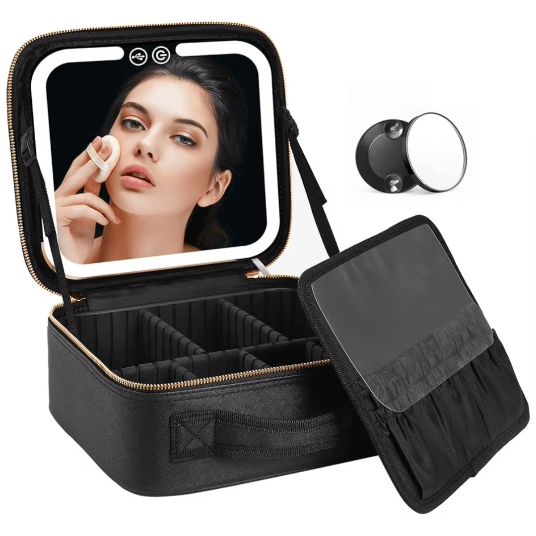 Pavoco Makeup-Zubehör Schwarz Eleganter Make Up Organizer für Damen kompakt mit LED Spiegel und mehreren Fächern