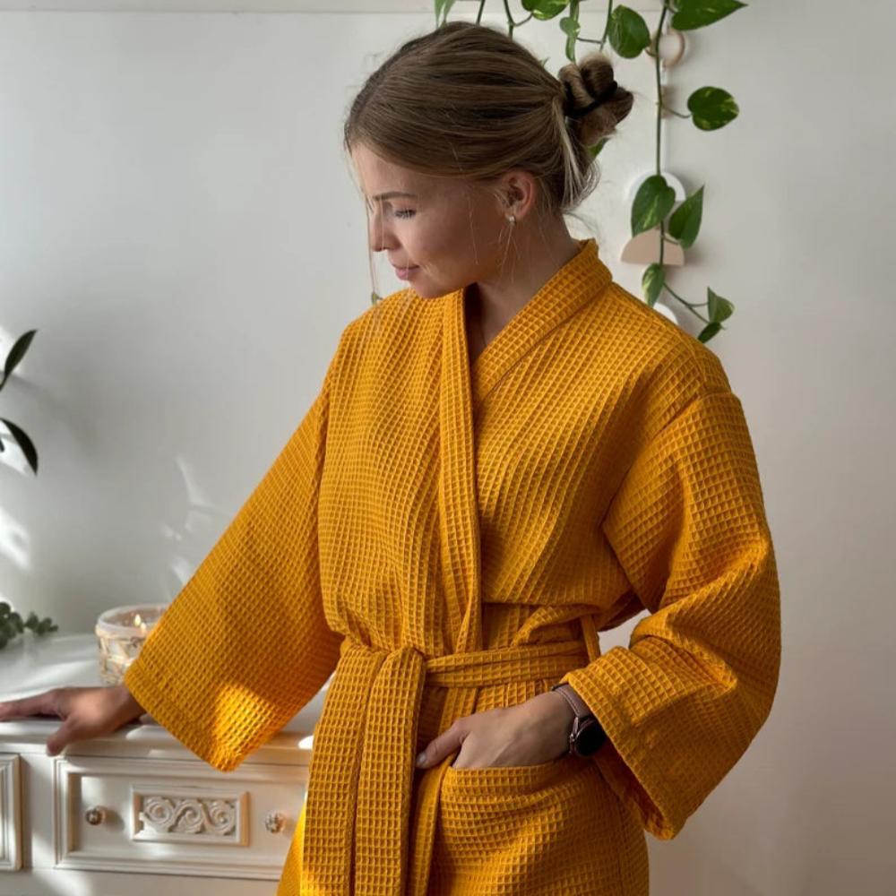 Pavoco Roben Gelb / M Weicher Bademantel für Damen aus Baumwolle Waffelstruktur Wellness Zuhause
