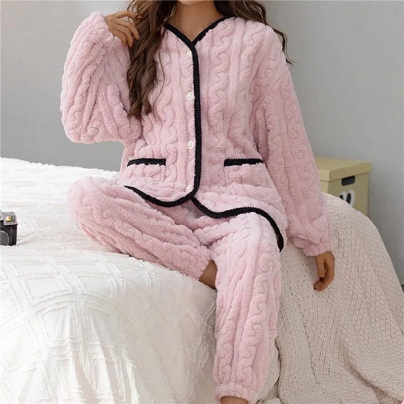 Pavoco Schlafanzug Rosa / M Elegantes Damen Pyjama lang aus Wolle Winter klassisch warm und bequem
