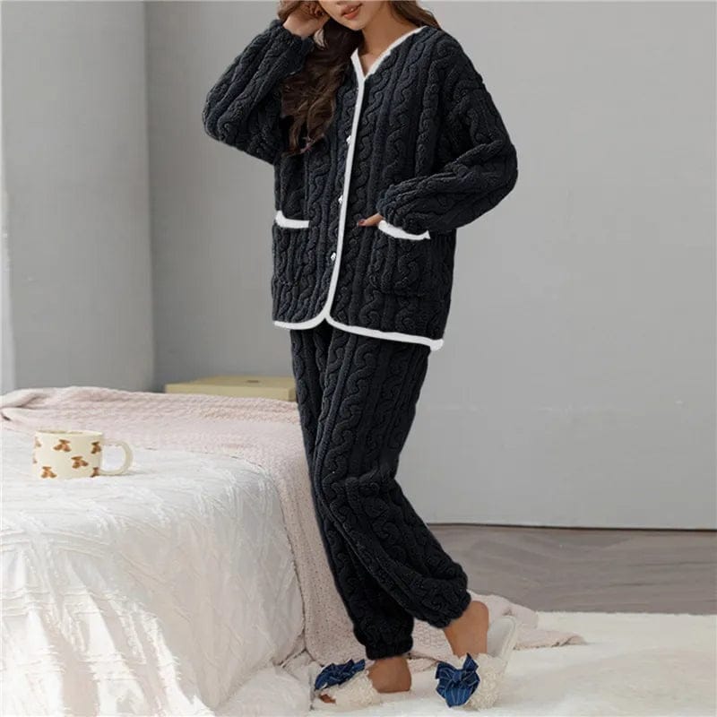 Pavoco Schlafanzug Schwarz / M Elegantes Damen Pyjama lang aus Wolle Winter klassisch warm und bequem