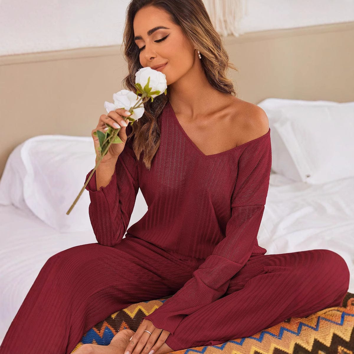 Pavoco Schlafanzug-Sets Elegante Pyjamajacke für Damen weich atmungsaktiv V-Ausschnitt Lounge Wear