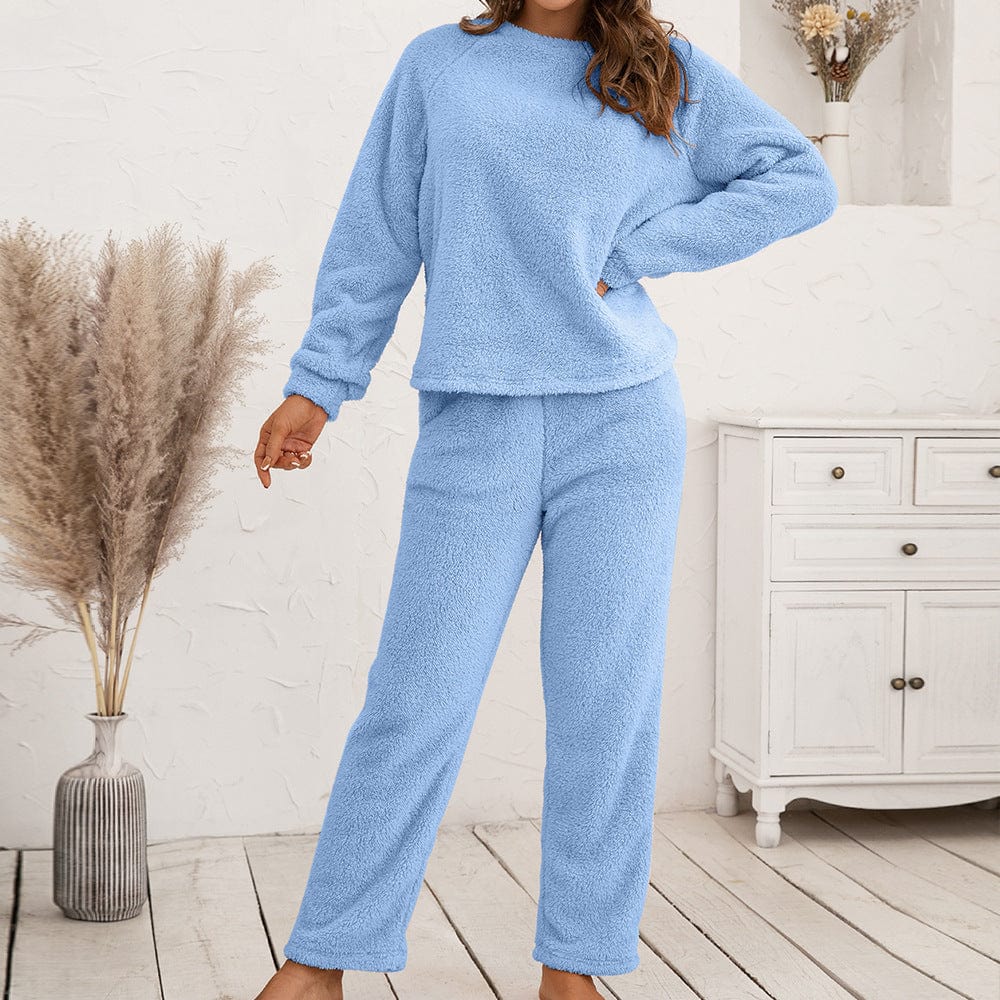 Pavoco Schlafanzüge Blau / S Kuscheliges Fleece Pyjama für Damen langarm bequem Winter weich