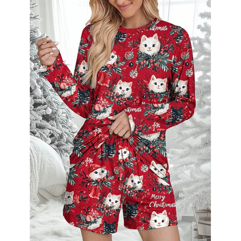 Pavoco Schlafanzüge Kleine Katzen / S Lässiges Weihnachts-Pyjama-Set für Damen mit Katzenmotiv bequem atmungsaktiv