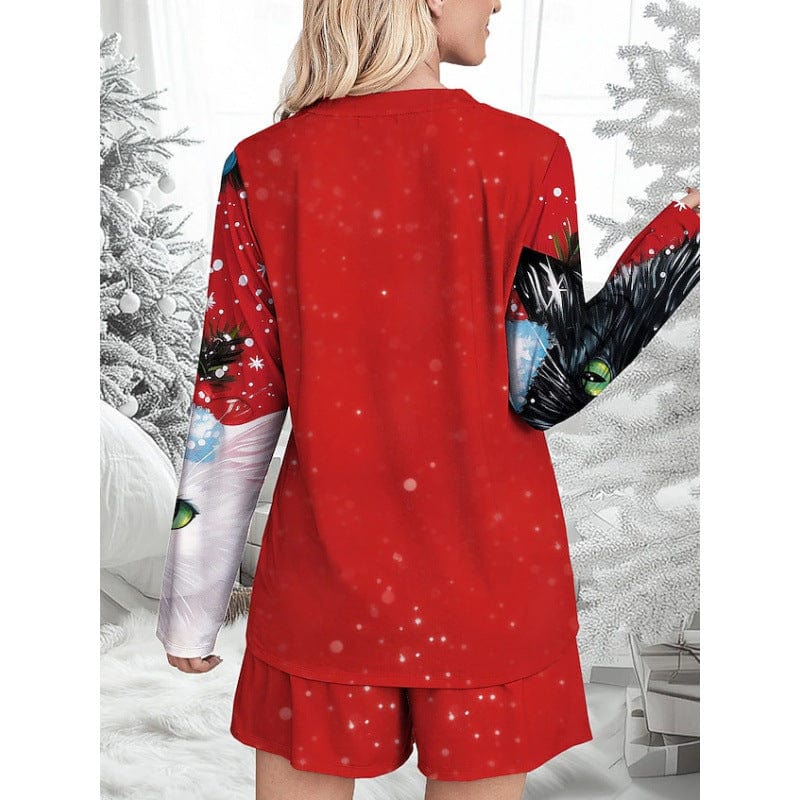 Pavoco Schlafanzüge Lässiges Weihnachts-Pyjama-Set für Damen mit Katzenmotiv bequem atmungsaktiv