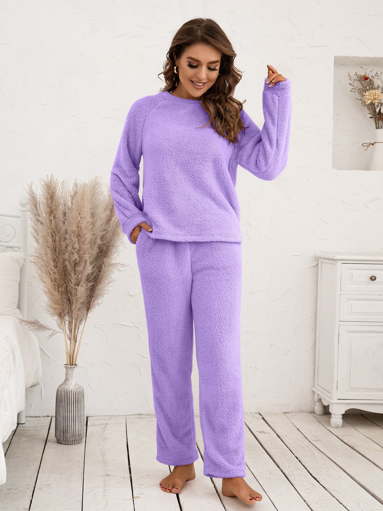 Pavoco Schlafanzüge Lila / S Kuscheliges Fleece Pyjama für Damen langarm bequem Winter weich