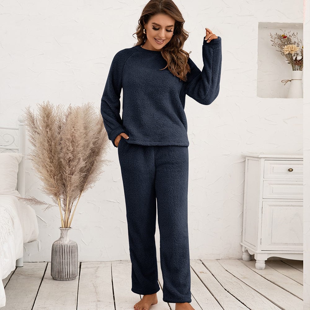 Pavoco Schlafanzüge Marineblau / S Kuscheliges Fleece Pyjama für Damen langarm bequem Winter weich