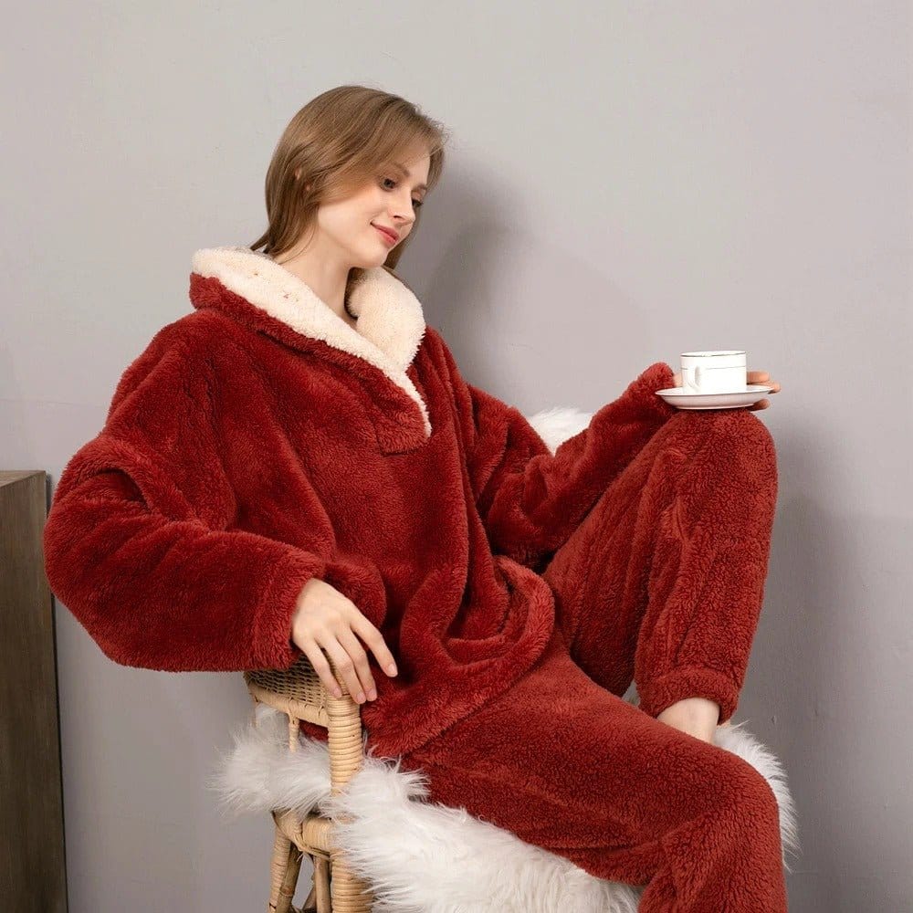 Pavoco Schlafanzüge Rot / S Kuscheliges Fleece-Pyjama-Set für Damen warm bequem Winter
