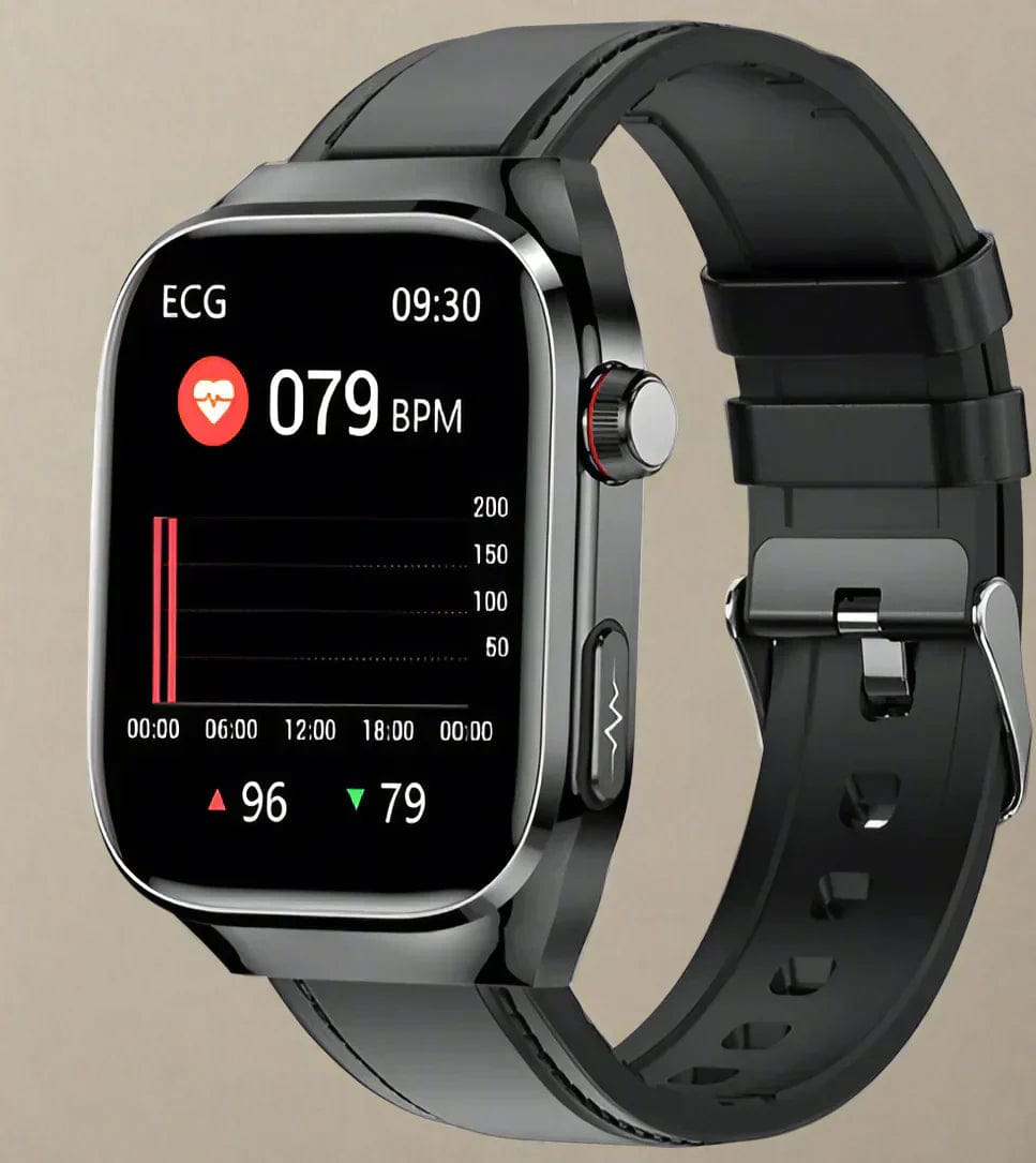 Pavoco Tragbare Technologie Schwarzes Leder Stylischer Gesundheitstracker für Unisex wasserdicht mit AMOLED Bildschirm EKG Funktionen