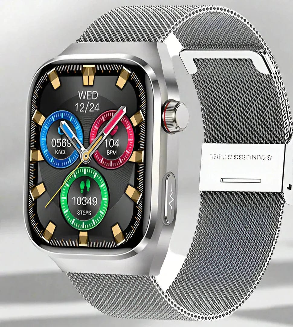 Pavoco Tragbare Technologie Silbernes Mesh-Band 2A Stylischer Gesundheitstracker für Unisex wasserdicht mit AMOLED Bildschirm EKG Funktionen