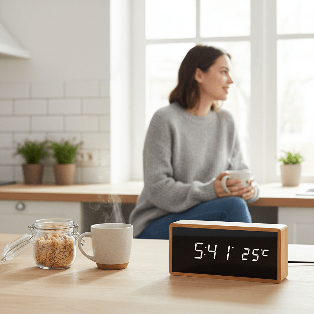 Pavoco Uhren Minimalistischer Wecker für Unisex aus Bambus LED Anzeige USB Batteriebetrieben