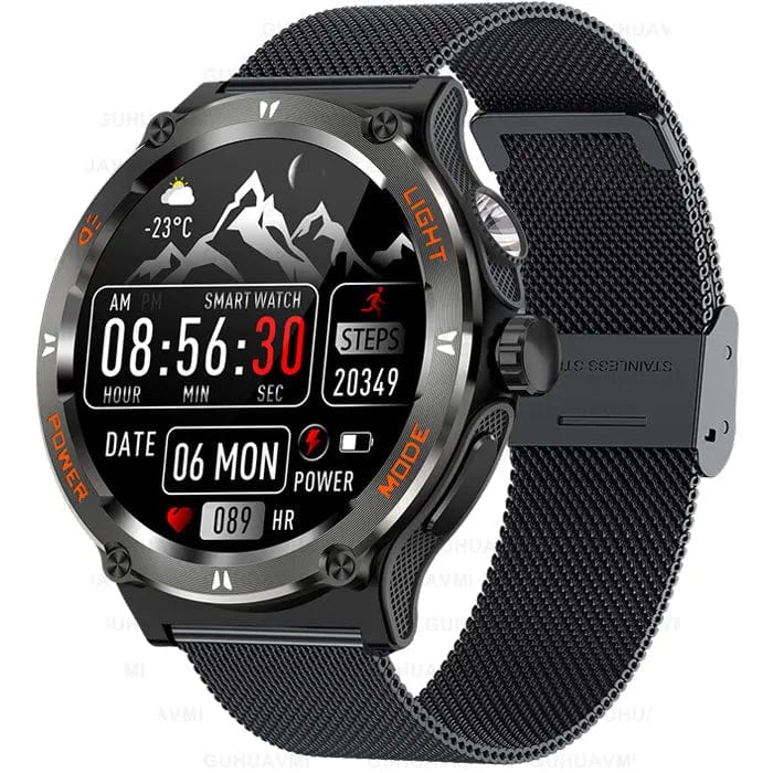 Pavoco Uhren Schwarz - Milanaiseband Robuste Smartwatch für Herren taktisch wasserdicht Outdoor 25 Tage Akku