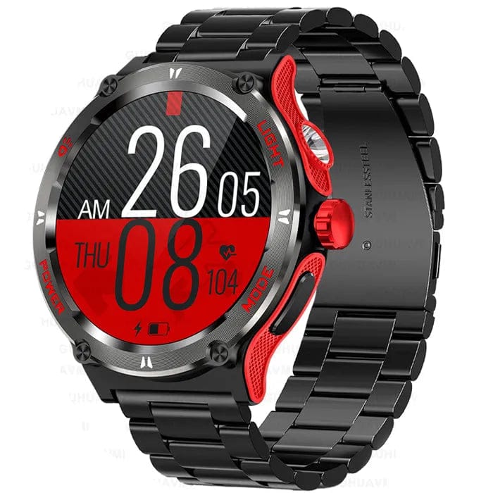 Pavoco Uhren Schwarz/Rot - Edelstahlband Robuste Smartwatch für Herren taktisch wasserdicht Outdoor 25 Tage Akku