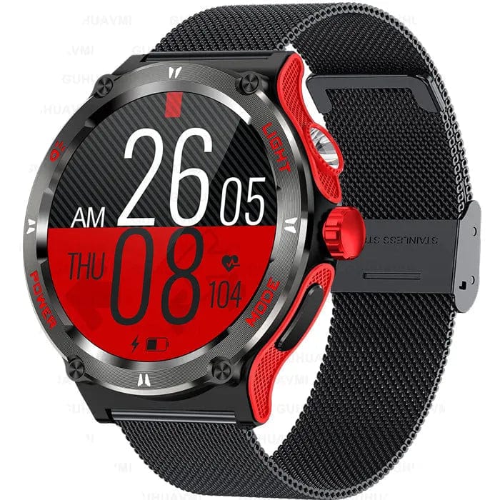 Pavoco Uhren Schwarz/Rot  - Milanaiseband Robuste Smartwatch für Herren taktisch wasserdicht Outdoor 25 Tage Akku